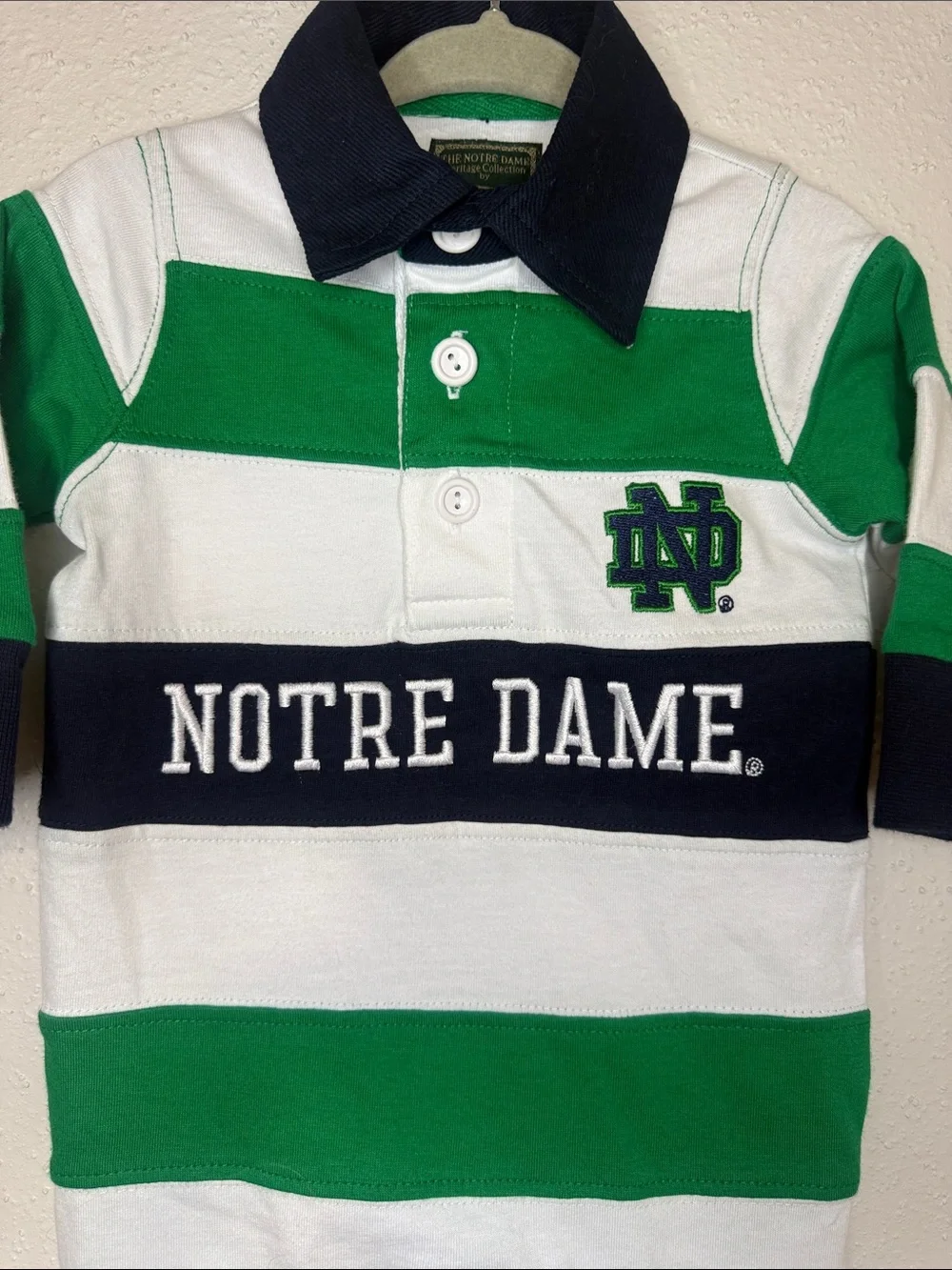 Lansdowne Notre Dame Heritage Green & White Striped Baby One-Piece Romper